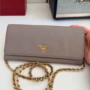 Prada Taupe Leather Chain Clutch